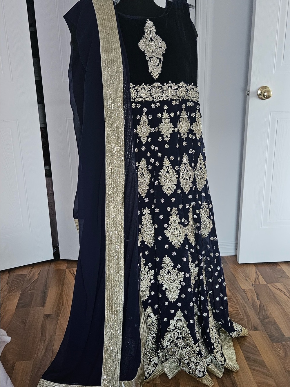 Navy Blue Maxi Dress with Gold Embroidery - Women's Formal Gown